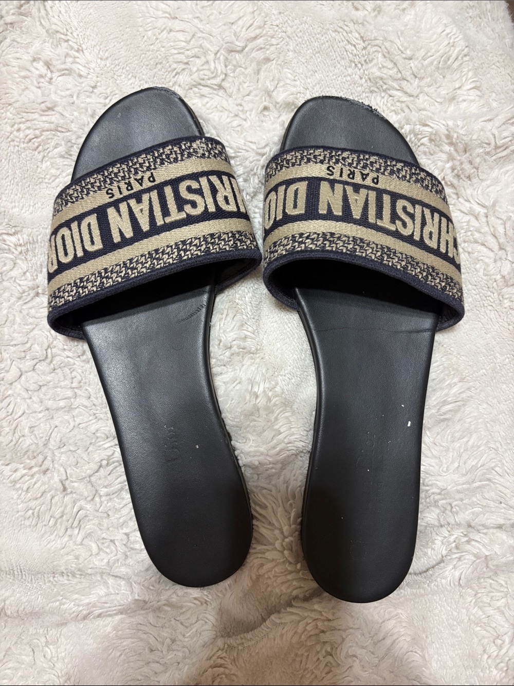 Dior Black and Beige Logo Pool Slide Sandals